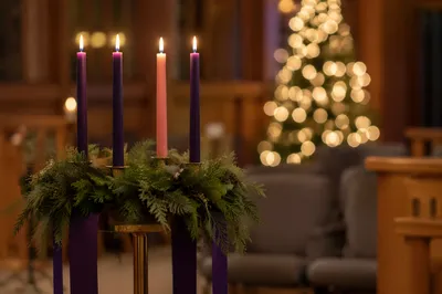 Lit Advent Wreath in Cozy Gathering Space