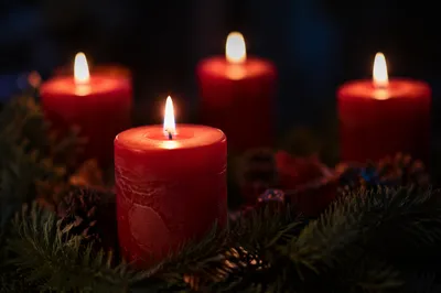 Advent Wreath with Four Lit Red Candles