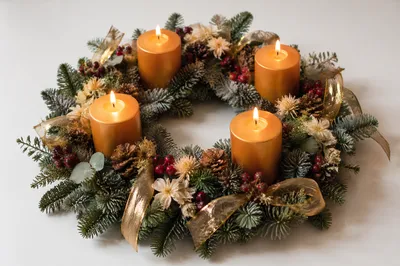 Lit Advent Wreath with Golden Candles