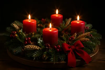 Lit Advent Wreath with Red Candles