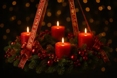 Lit Advent Wreath with Red Candles