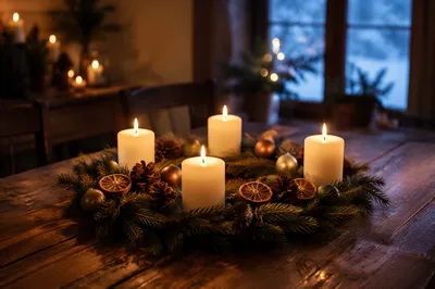 Four Lit Advent Candles on Rustic Table