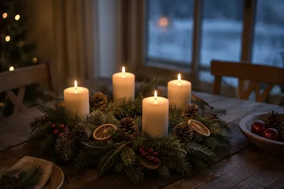 Four Lit Advent Candles on Evergreen Wreath