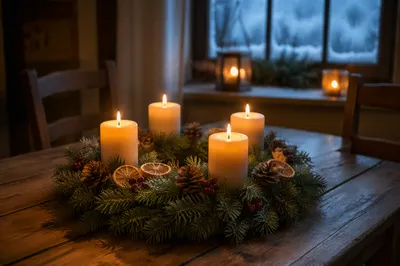 Lit Advent Wreath on Rustic Table