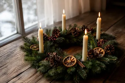 Advent Wreath with Four Lit Candles
