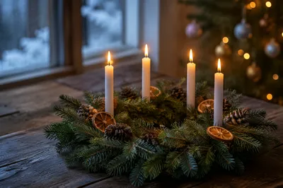 Lit Advent Wreath on Rustic Winter Table