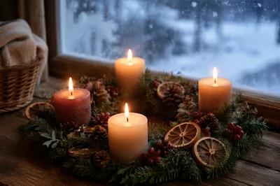 Four Lit Advent Candles by Frosted Window