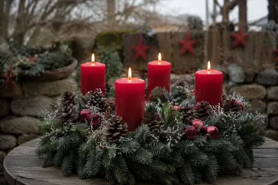Four Lit Red Candles on Advent Wreath