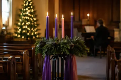 Four Lit Advent Candles in Church Sanctuary
