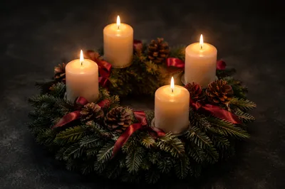 Lit Advent Wreath with Four Candles