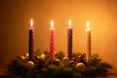 Lit Advent Wreath with Four Candles