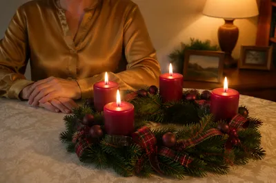 Four Lit Advent Candles in Cozy Home