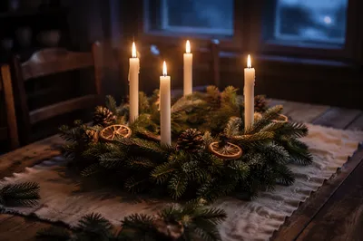 Lit Advent Wreath at Winter Blue Hour
