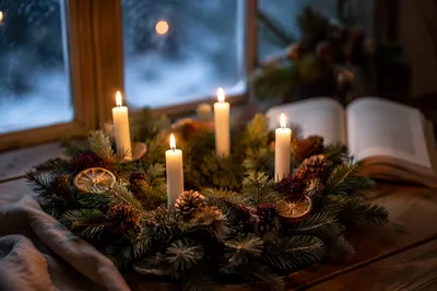 Advent Wreath with Four Lit Candles