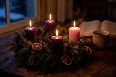 Advent Wreath with Four Lit Candles