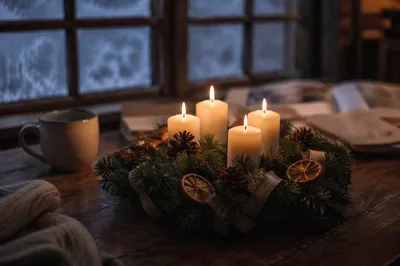 Four Lit Advent Candles at Twilight