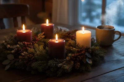 Glowing Advent Wreath on Rustic Table