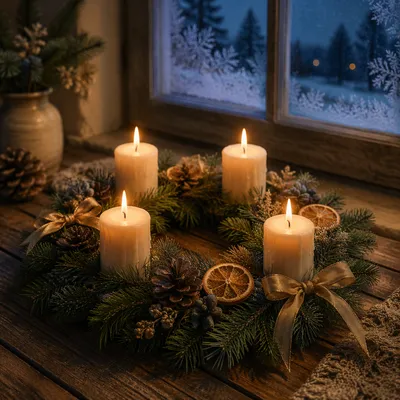 Advent Wreath with Four Candles at Dusk