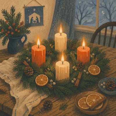 Advent Wreath with Four Candles Glowing