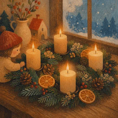 Advent Wreath with Four Lit Candles