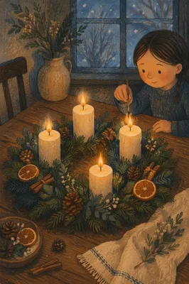 Advent Wreath with Four Lit Candles