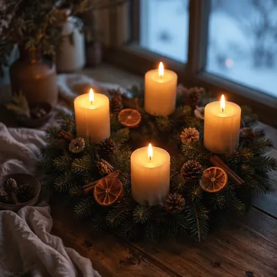 Advent Wreath with Four Lit Candles