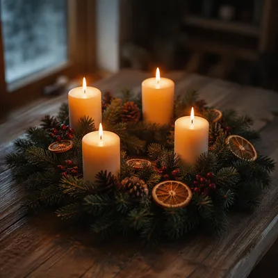 Advent Wreath with Four Lit Candles
