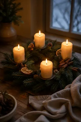 Lit Advent Wreath in Cozy Blue Hour