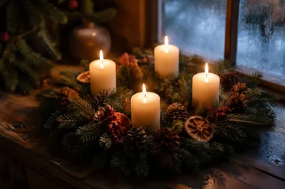 Advent Wreath with Four Lit Candles