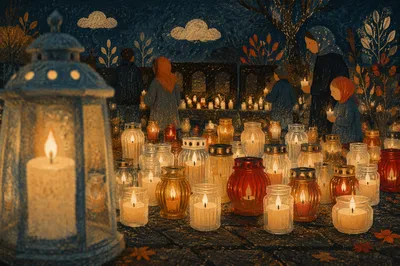 All Saints Day Candle Memorial at Night