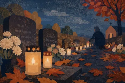 All Saints Day Memorial Candles at Dusk