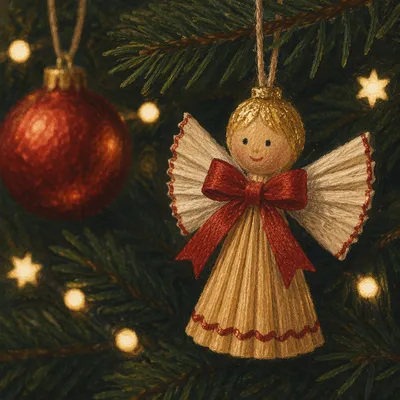 Handmade Straw Angel Ornament in Soft Christmas Lights