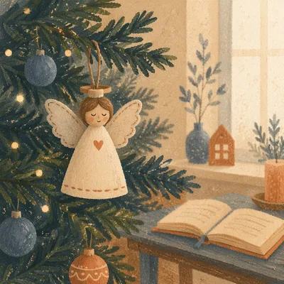 Handmade Angel Ornament on Evergreen Tree