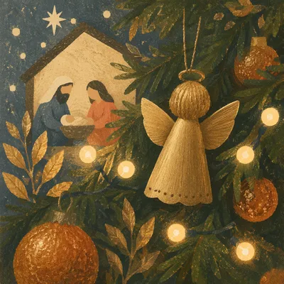 Golden Angel Ornament on Christmas Tree