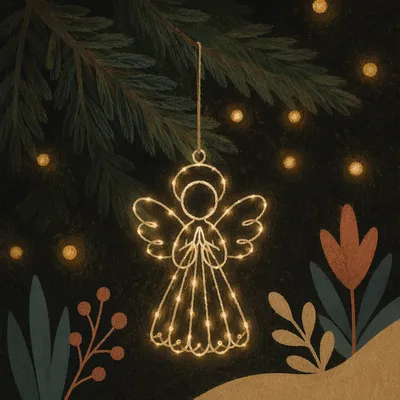 Glowing Angel Ornament on Evergreen Branch