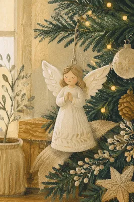 Porcelain Angel Ornament on Christmas Branch
