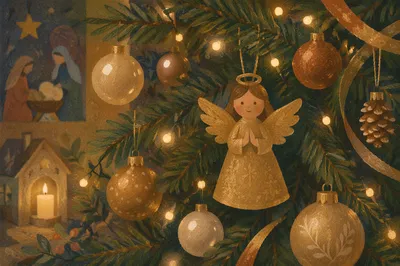 Golden Angel Ornament on Christmas Tree