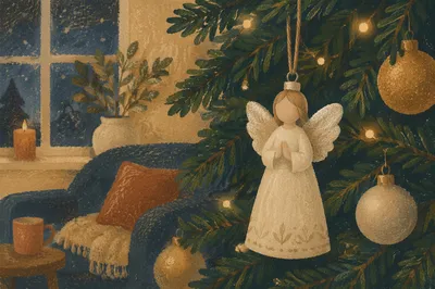 Angel Ornament on Cozy Christmas Tree