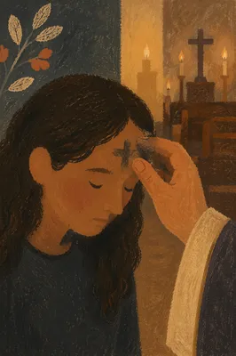 Ash Wednesday Forehead Cross in Candlelit Chapel