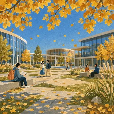 Golden Autumn Leaves Over Campus Courtyard