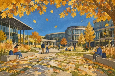 Golden Autumn Leaves Over Campus Courtyard