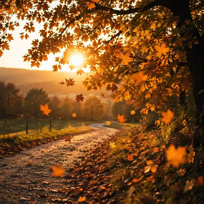 Golden Autumn Leaves Along Country Path