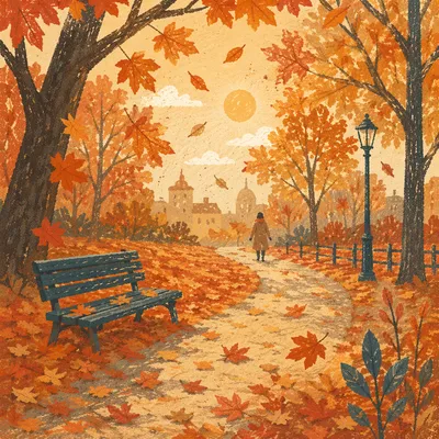 Autumn Leaves Falling Along Park Path