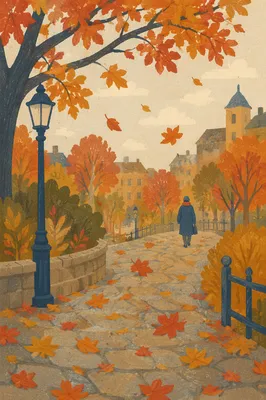 Late Autumn Park Path with Falling Leaves