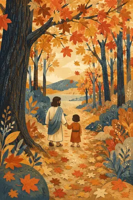 Golden Autumn Park Path with Falling Leaves