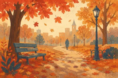 Late Autumn Park Path with Falling Leaves