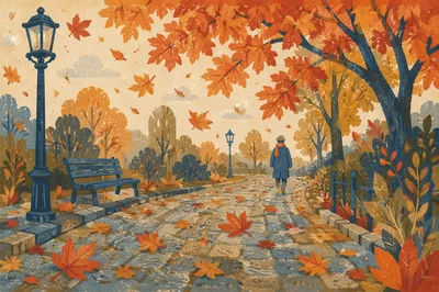 Quiet Autumn Park Path with Falling Leaves