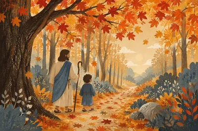 Golden Autumn Park Path with Falling Leaves