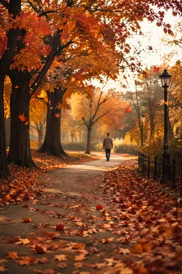 Late Autumn Park Path with Falling Leaves