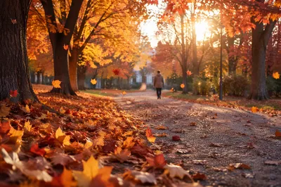 Autumn Leaves Falling Along Park Path